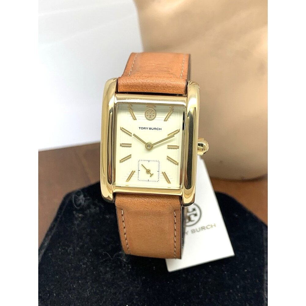 Tory Burch Women's Watch TBW1068 Tank Cream Dial Gold Quartz Brown Leather Band